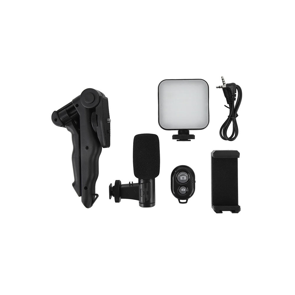 Soporte para celular 3 en 1, tripie, luz y micrófono